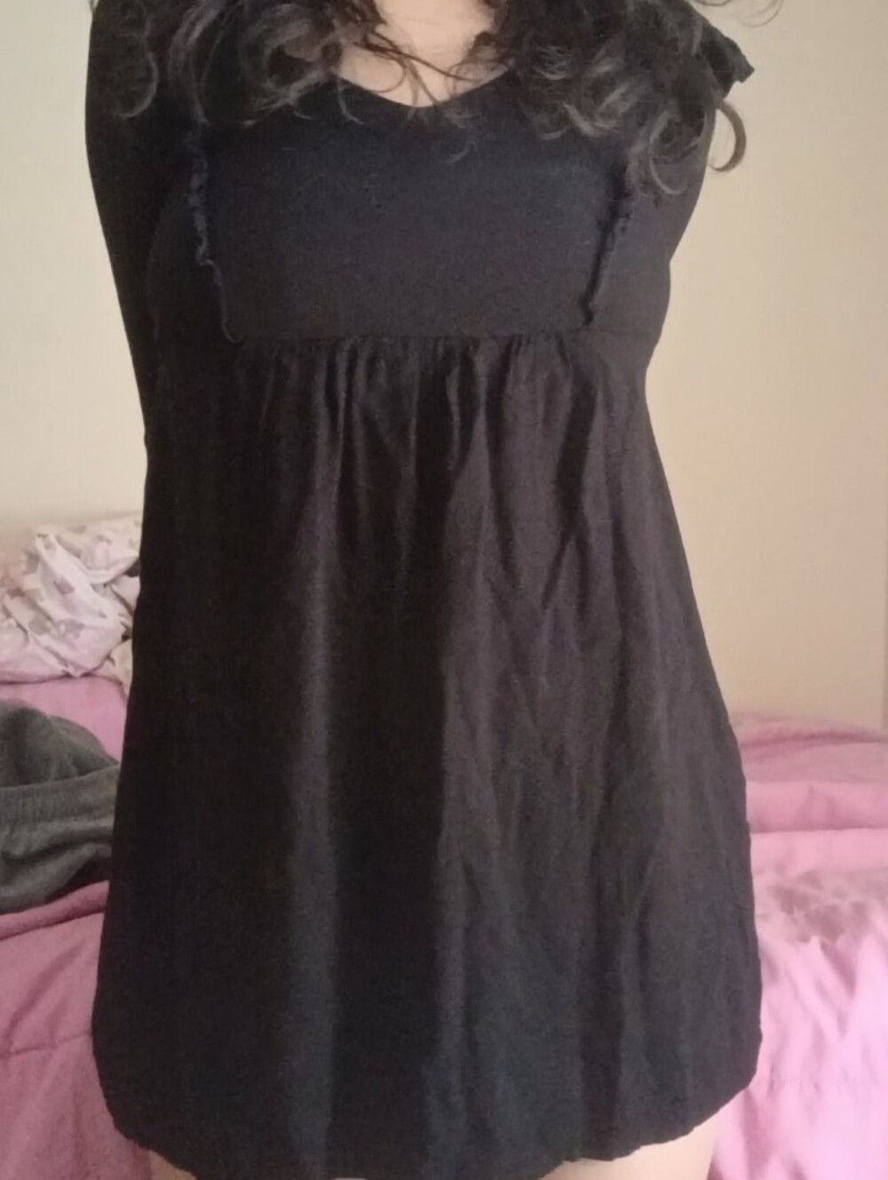 Black Long Sleeve Babydoll Dress with Tie